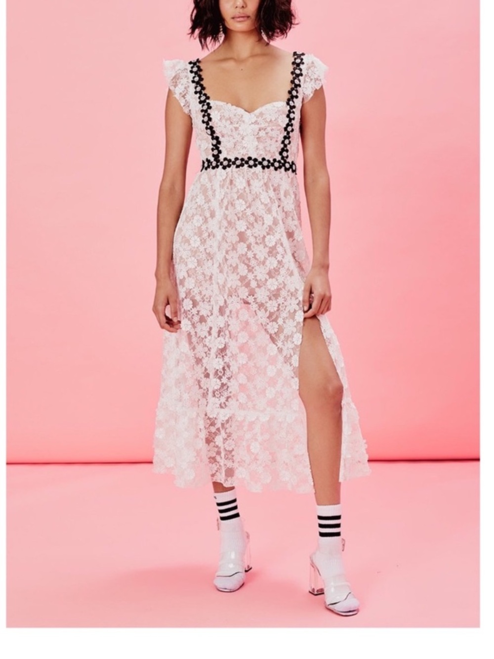 For Love & Lemons Isabel White Black Lace Floral Midi Dress Size Small
